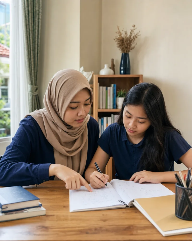 Tutor dan siswa belajar 1-on-1 di meja belajar rumah